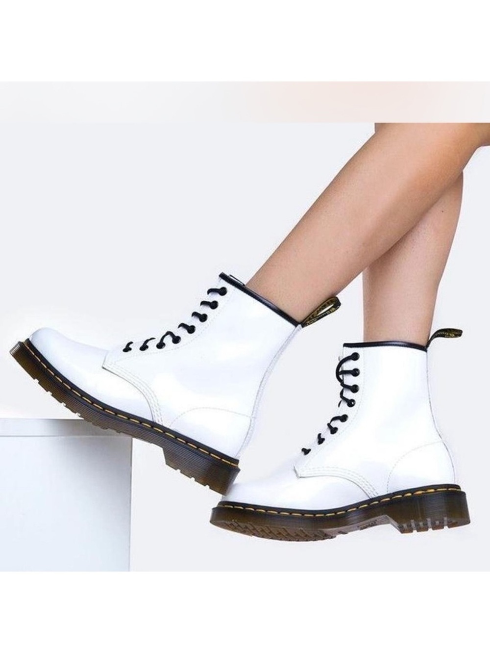 Dr. Martens 11821 Patent Leather Lace Up Combat Boots in White 9 Women’s